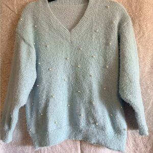 Light Blue V-Neck Sweater with Pearl Accents